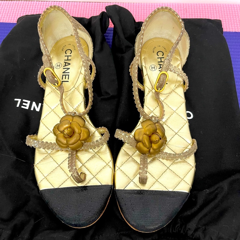 Chanel gold camellia sandals size 38.5